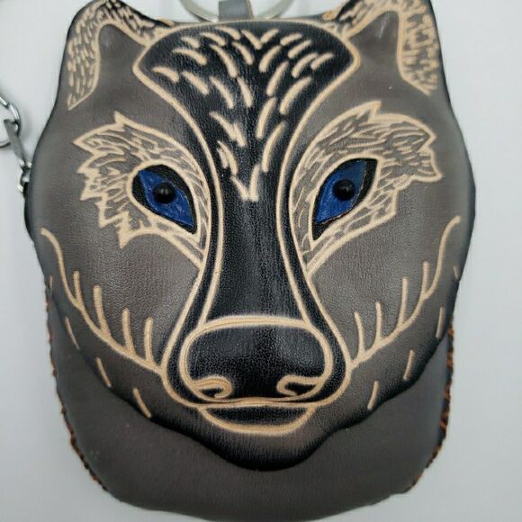 Handmade Leather Gray Wolf Wristlet Wallet Blue Eyes Animal Coin Pouch Cub Scout - Picture 3 of 11